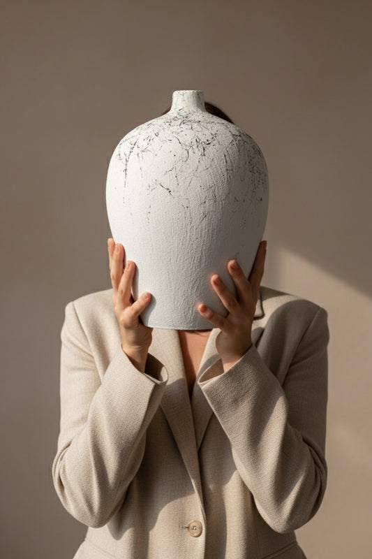 Savia Mermer Desenli Terracotta Vazo – Beyaz/Siyah